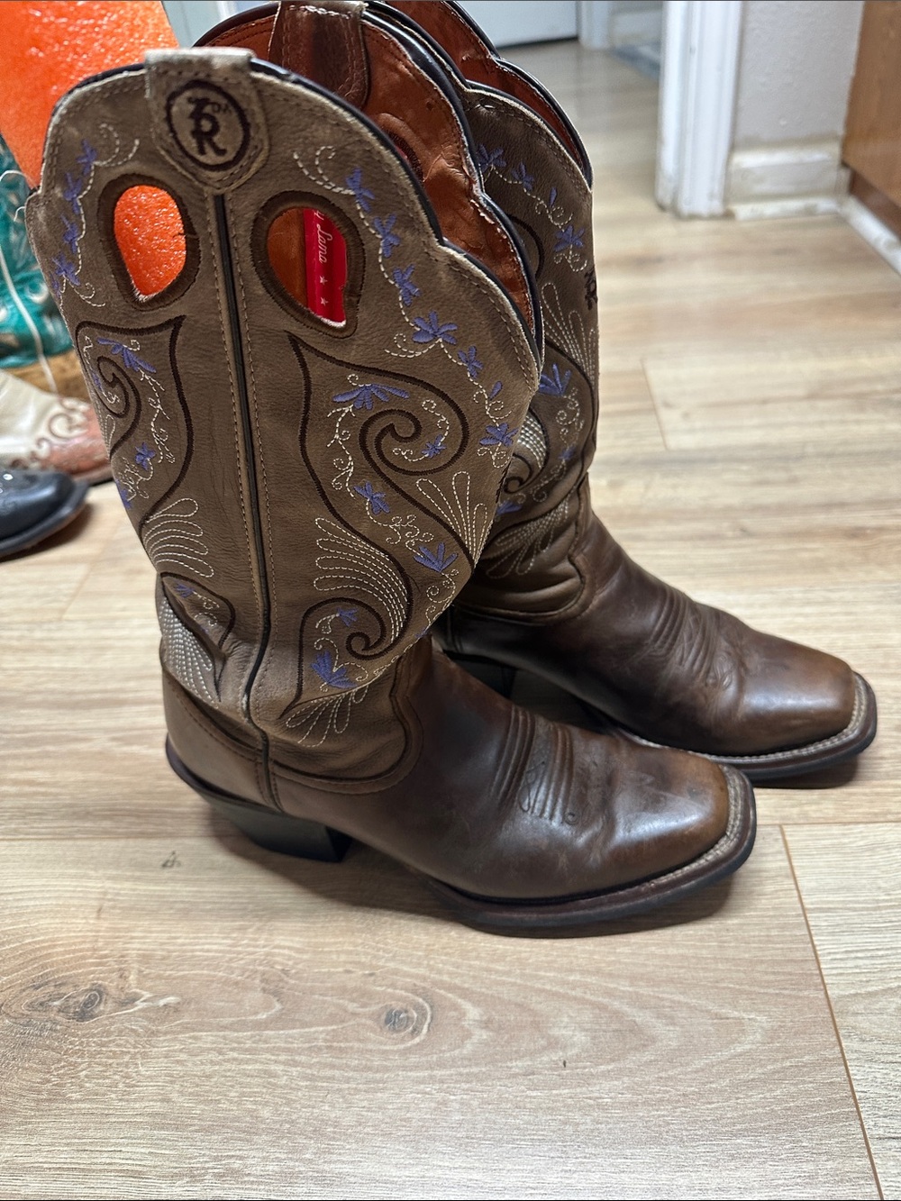 Tony Lama Brown Leather Western Heeled Boots with Lavender Embroidery